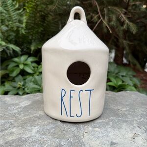 🐥🏠 Rae Dunn Cream Ceramic Birdhouse with Blue 'REST'